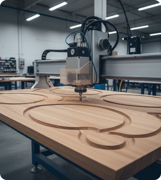 CNC machine milling circular grooves into a door blank