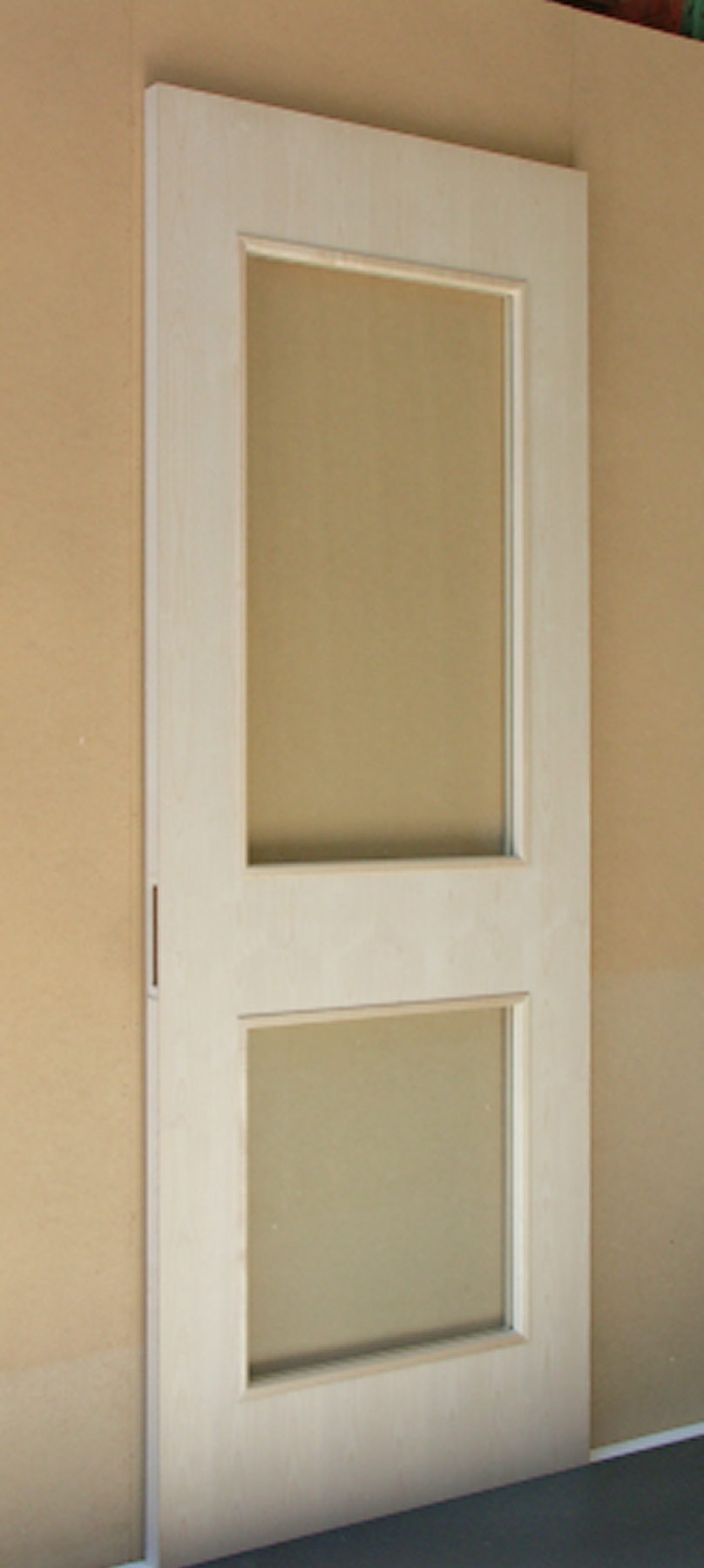 Maple door with two lites, built for a 20-minute fire label