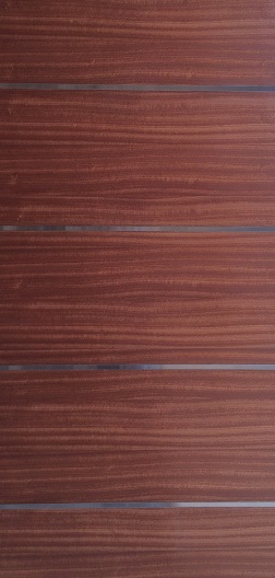 Horizontal ribbon stripe mahogany door with satin nickel inlays